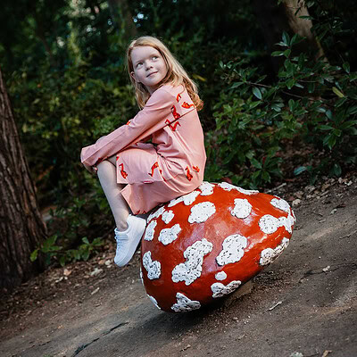 meisje in efteling kleding op paddestoel