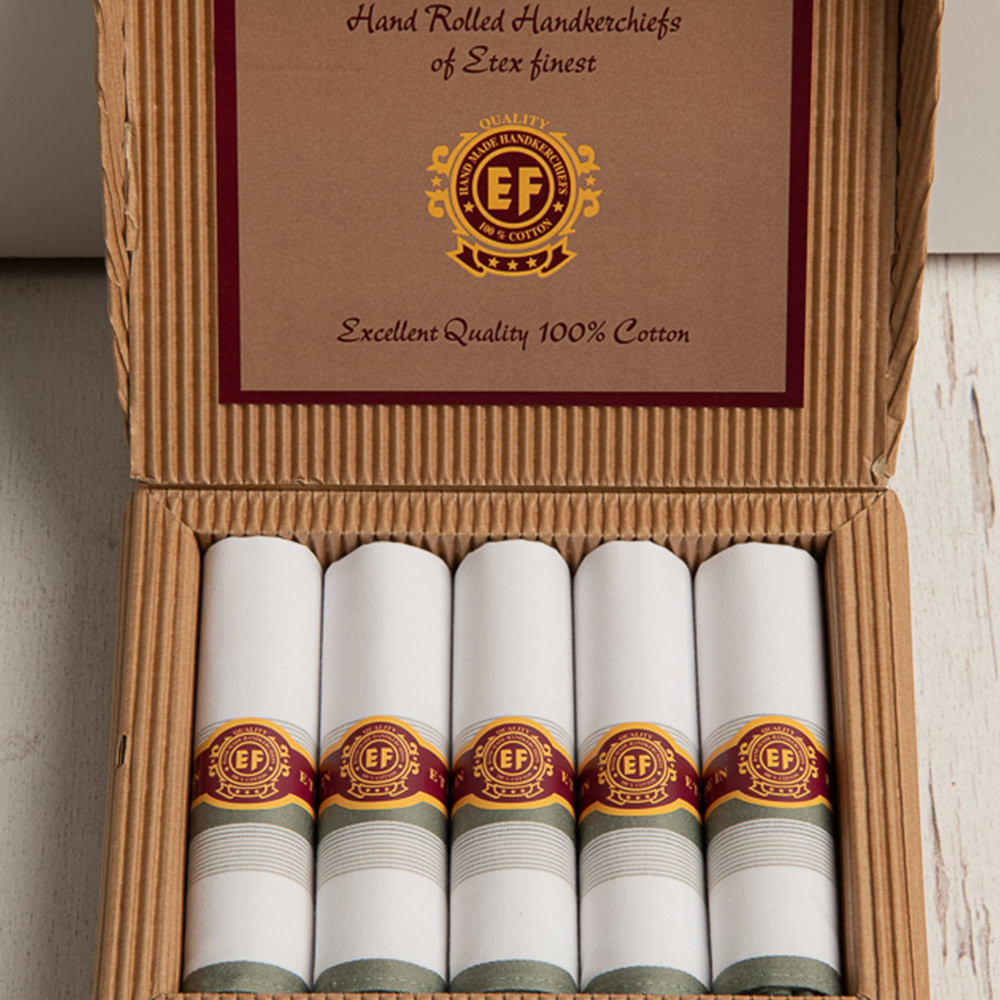 heren zakdoeken in sigarendoosje wit met groen