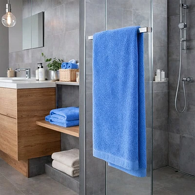 blauwe handdoeken cawo op badkamer