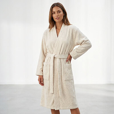 vrouw met badstof badjas beige