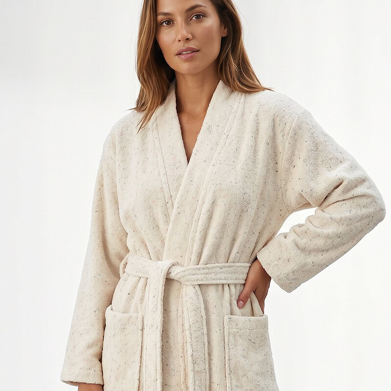vrouw in cawo dames badjas zand kleur